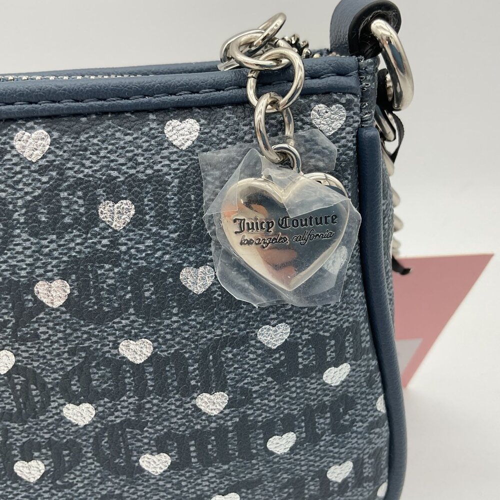 Juicy Couture Poker Face Denim Silver Shoulder Bag LOGO and Hearts Pattern NWT - Picture 5 of 8